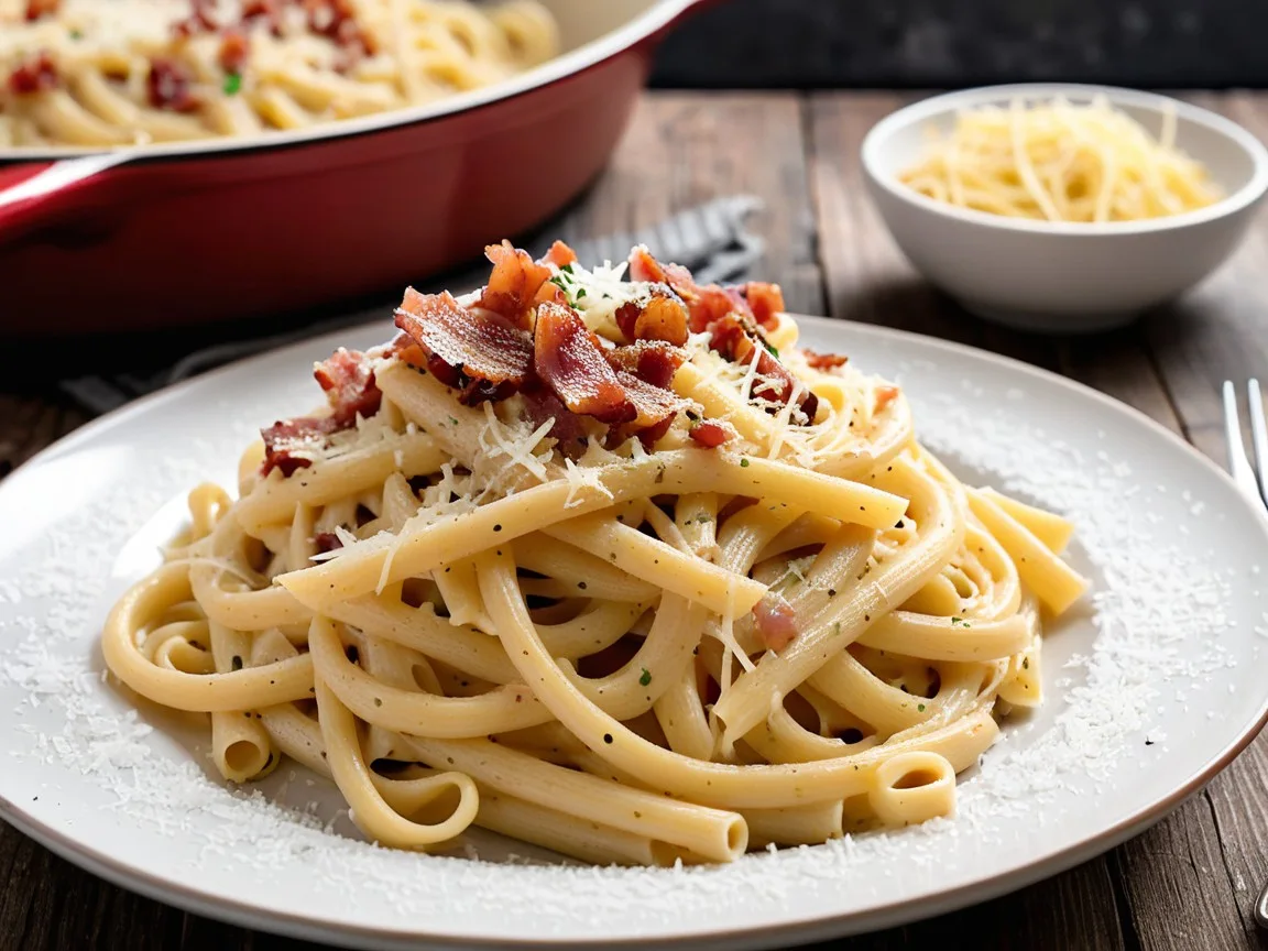 A creamy plate of carbonara pasta topped with crispy pancetta and freshly grated parmesan