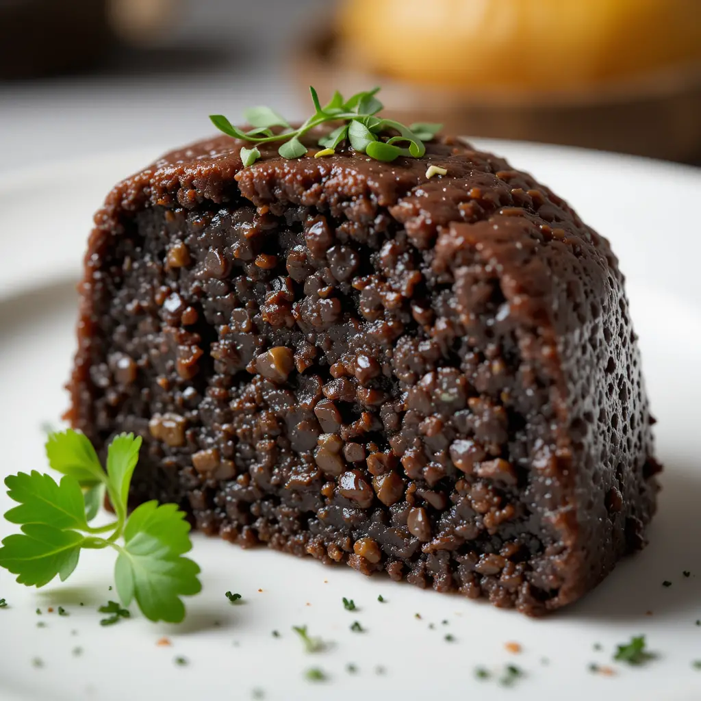 Close-up of a slice of black pudding served with a garnish of fresh herbs