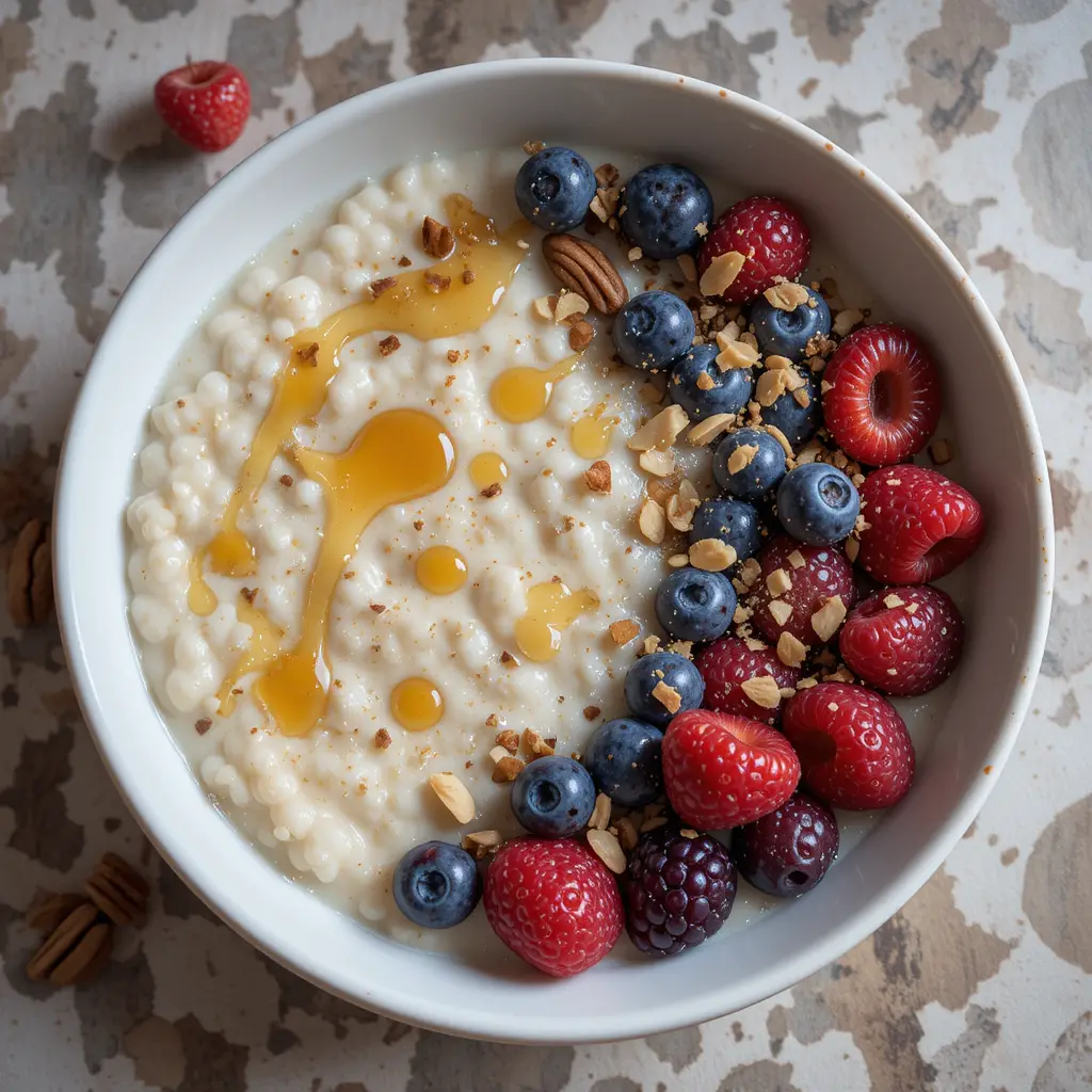 A bowl of creamy porridge topped with fresh berries, nuts, and a drizzle of honey