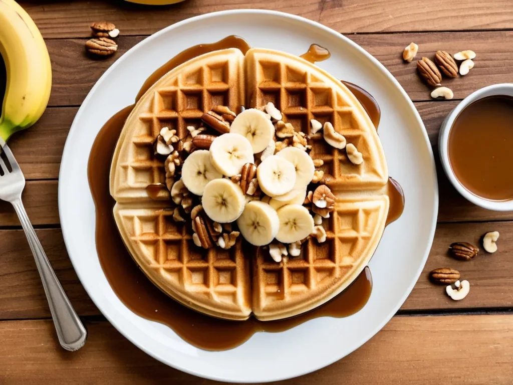 Waffle drizzled with caramel sauce, topped with bananas and nuts