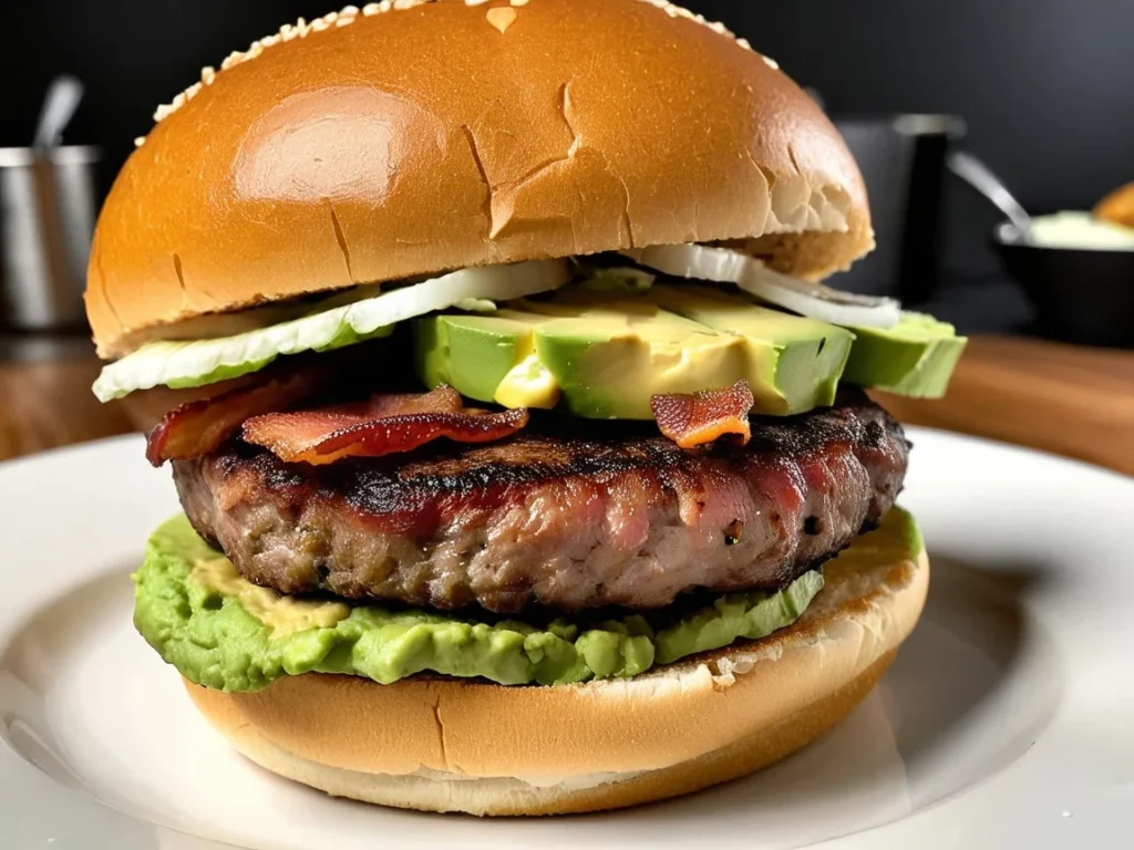 Gourmet burger with bacon, avocado, and a perfectly cooked patty on a toasted bun