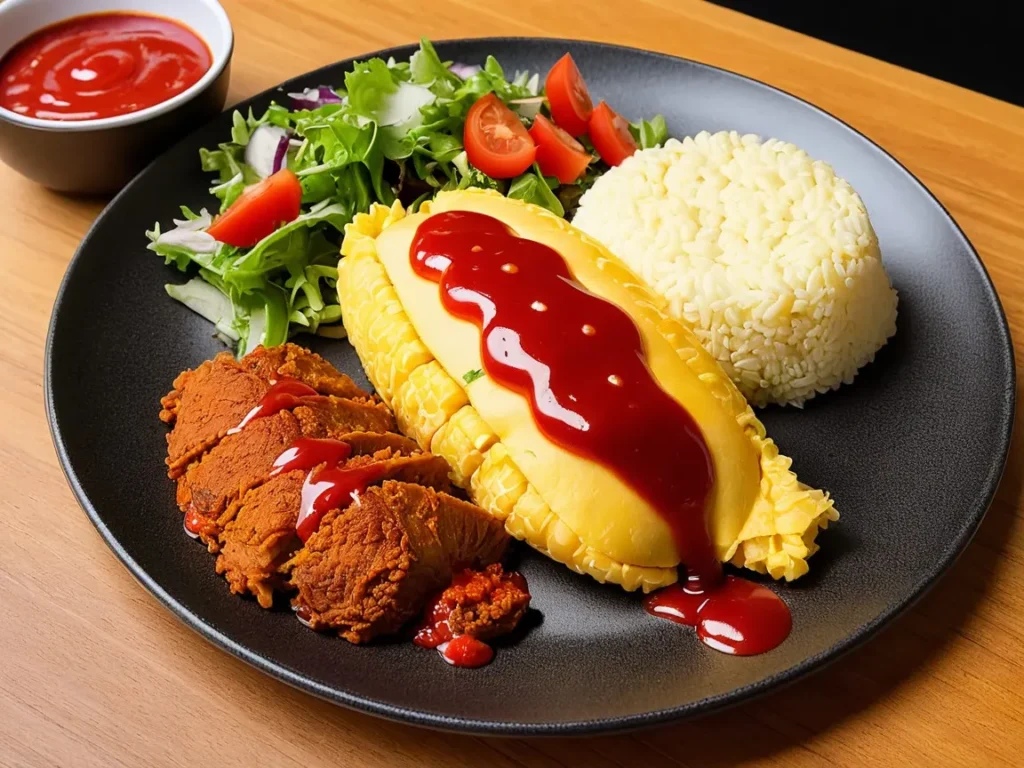 A plate of omurice served with a side of salad and a drizzle of ketchup