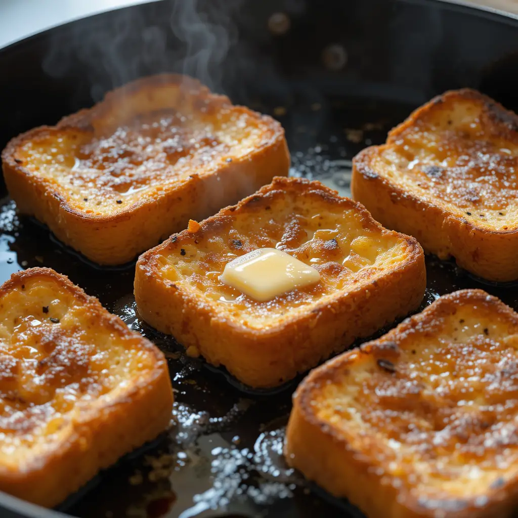 A skillet with French toast cooking, golden brown and sizzling in butter