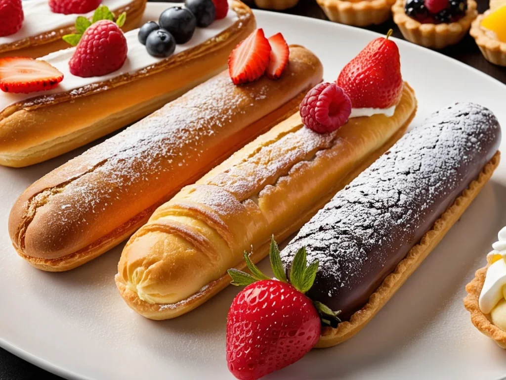 Close-up of a selection of pastry desserts, including cream-filled éclairs and fruit tarts