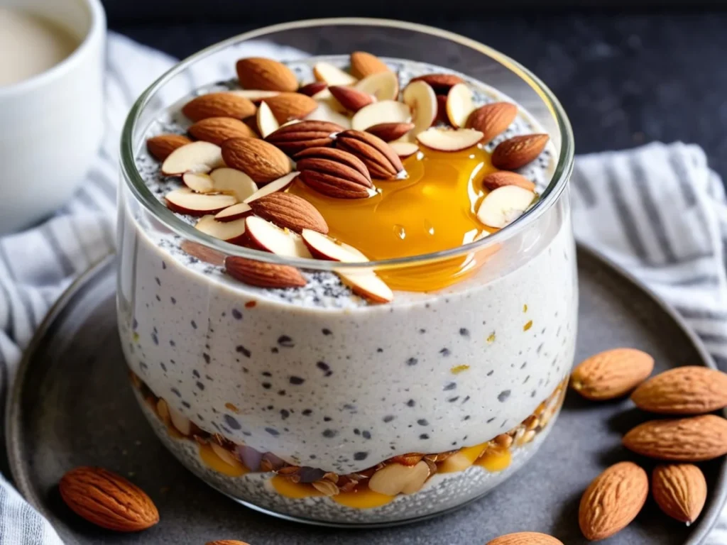 Chia seed pudding layered with almond milk, topped with sliced almonds and a drizzle of honey