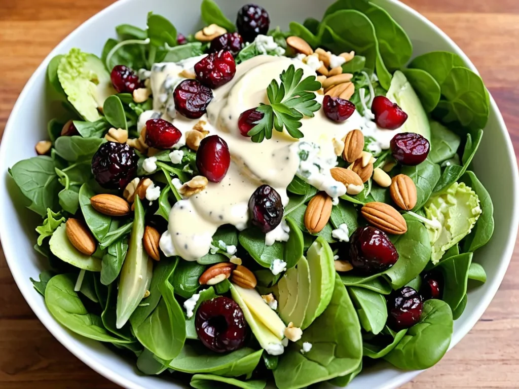 Chopt Salad with greens, nuts, cranberries, and a creamy dressing