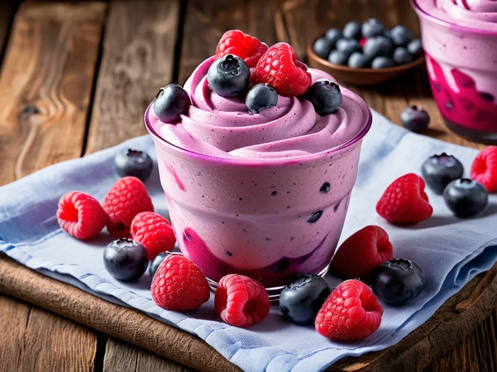 Mixed berry frozen yogurt with blueberries, raspberries, and powdered sugar