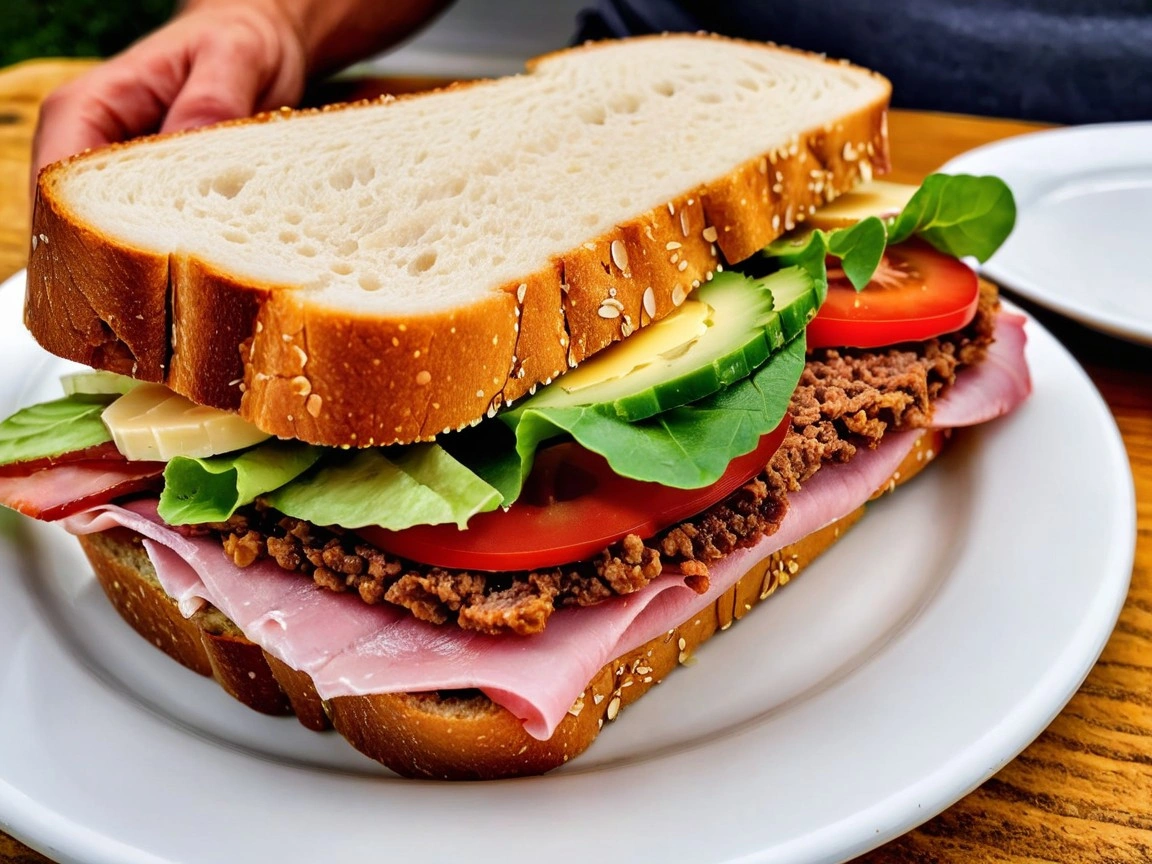 A loaded sandwich with layers of ham, lettuce, tomato, avocado, cucumber, cheese, and ground beef between two slices of seeded bread