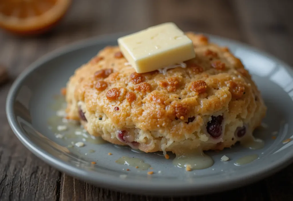 Close-up of a split orange cranberry scone with a pat of butter on top