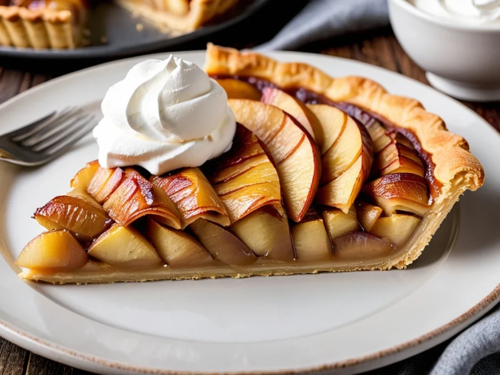 Homemade apple tart sliced and served on a plate with a dollop of whipped cream