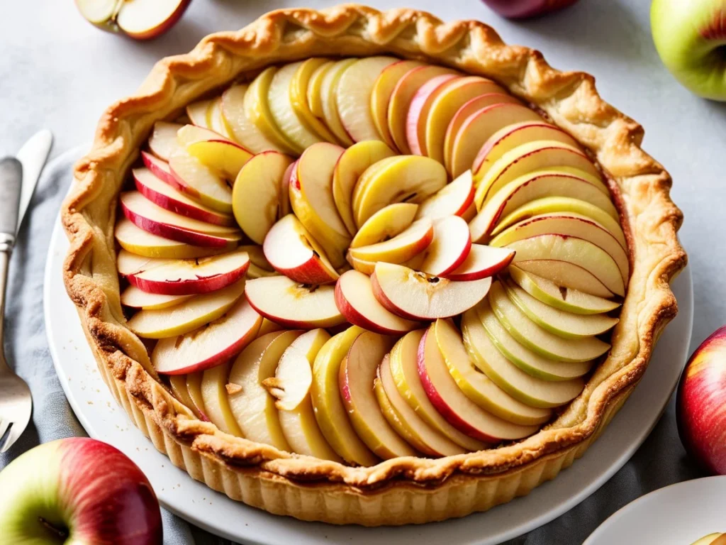 A golden apple tart with a flaky pastry crust and sliced apples on top