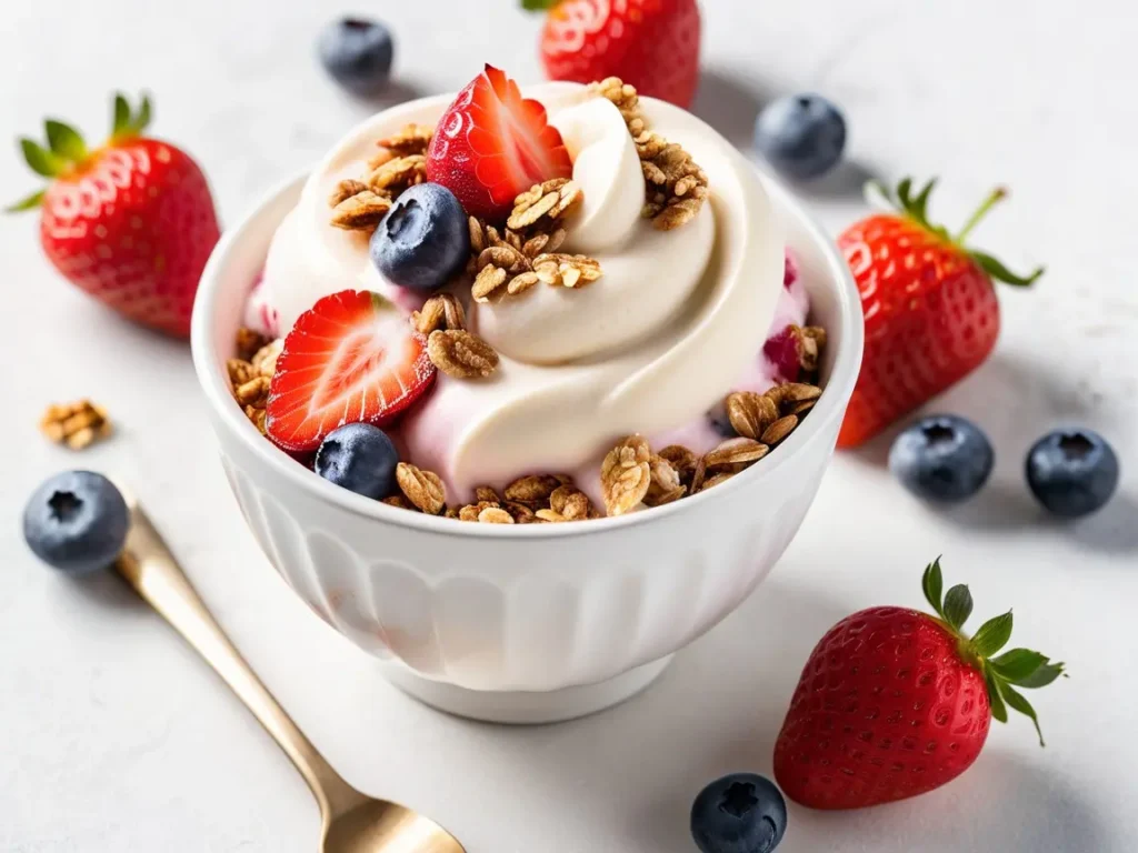 A classic Pinkberry frozen yogurt cup topped with fresh strawberries, blueberries, and granola