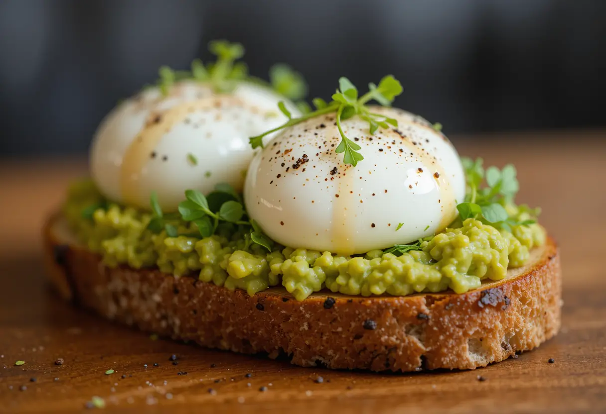 Poached eggs sitting atop avocado toast, garnished with microgreens and black pepper