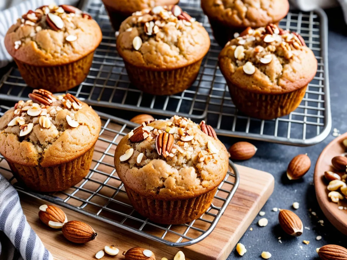 Golden banana muffins topped with a sprinkle of chopped nuts on a cooling rack