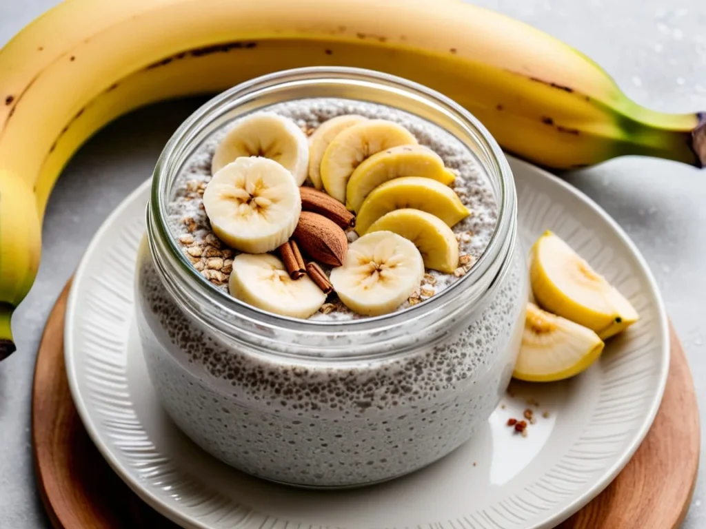 A jar of chia seed pudding layered with coconut milk and topped with sliced bananas and a dusting of cinnamon