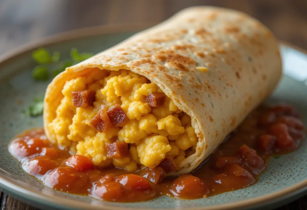 A perfectly rolled breakfast burrito filled with scrambled eggs, bacon, and cheese, on a plate with salsa