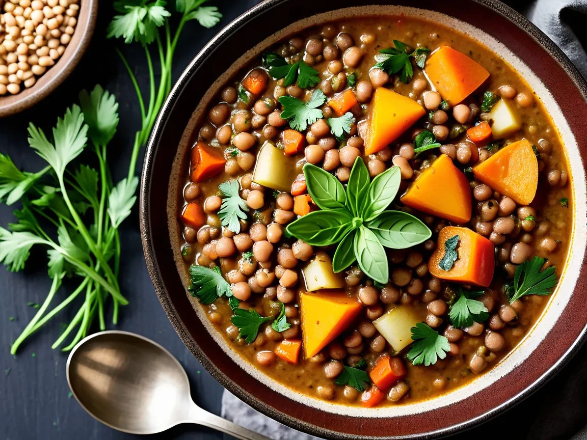 A bowl of hearty lentil soup with vegetables and a sprinkle of herbs