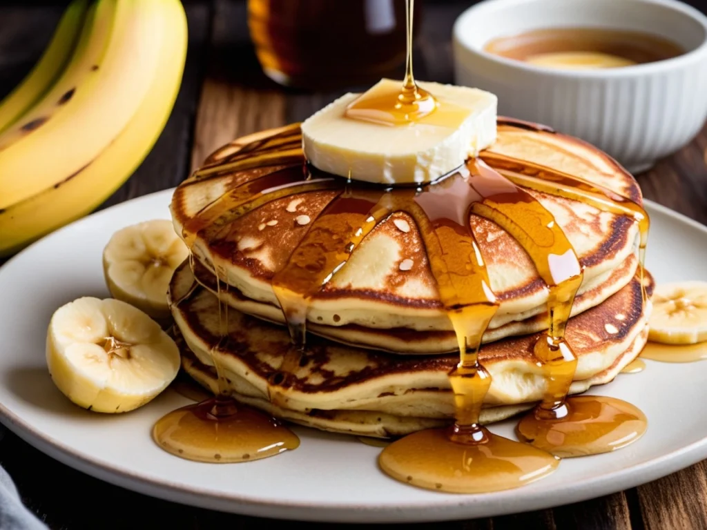 Fluffy banana pancakes on a plate with a pat of melting butter and honey drizzle