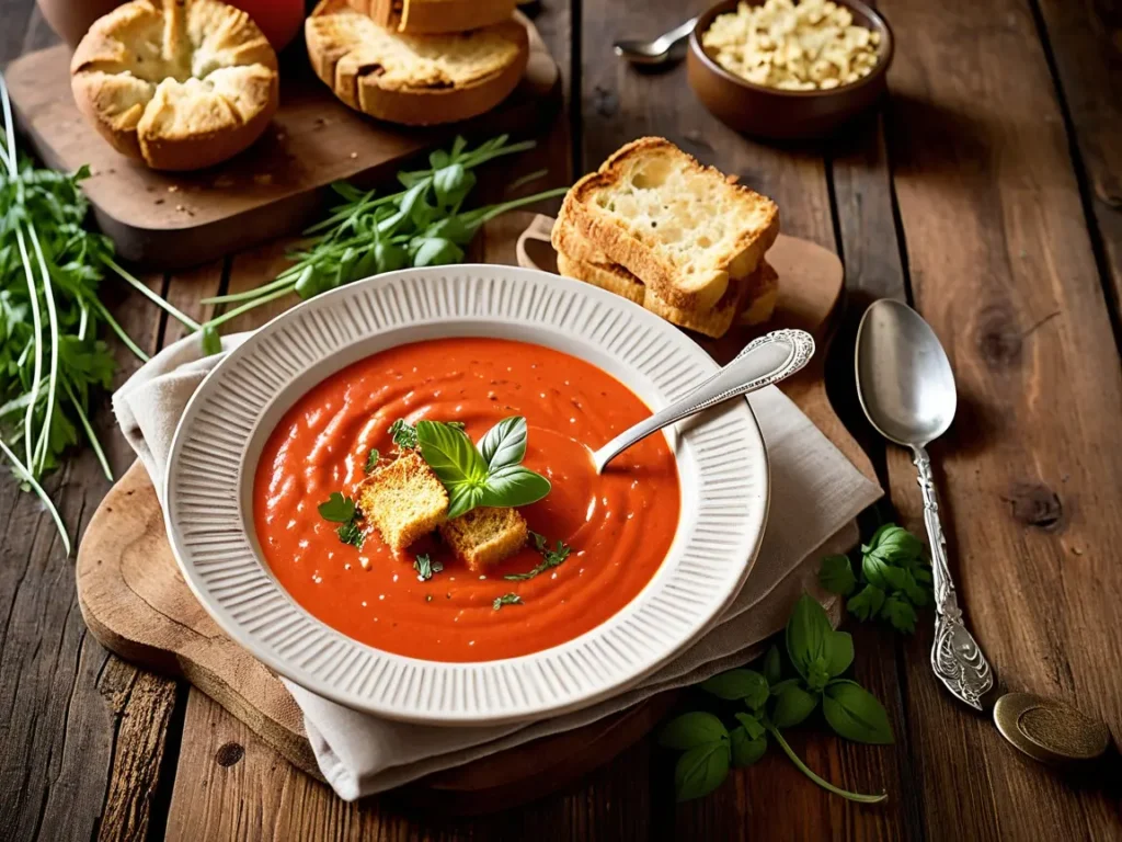 A bowl of creamy tomato soup with croutons and a sprinkle of fresh herbs on top