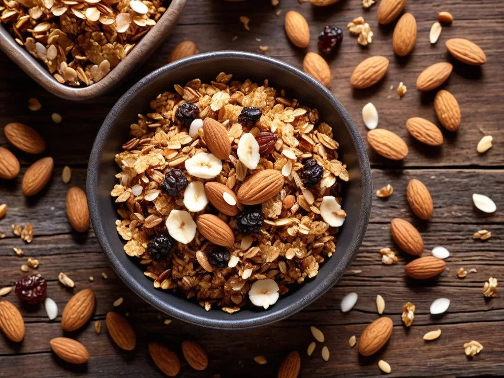 Golden homemade granola with oats, almonds, raisins, and coconut flakes spread on a rustic wooden surface