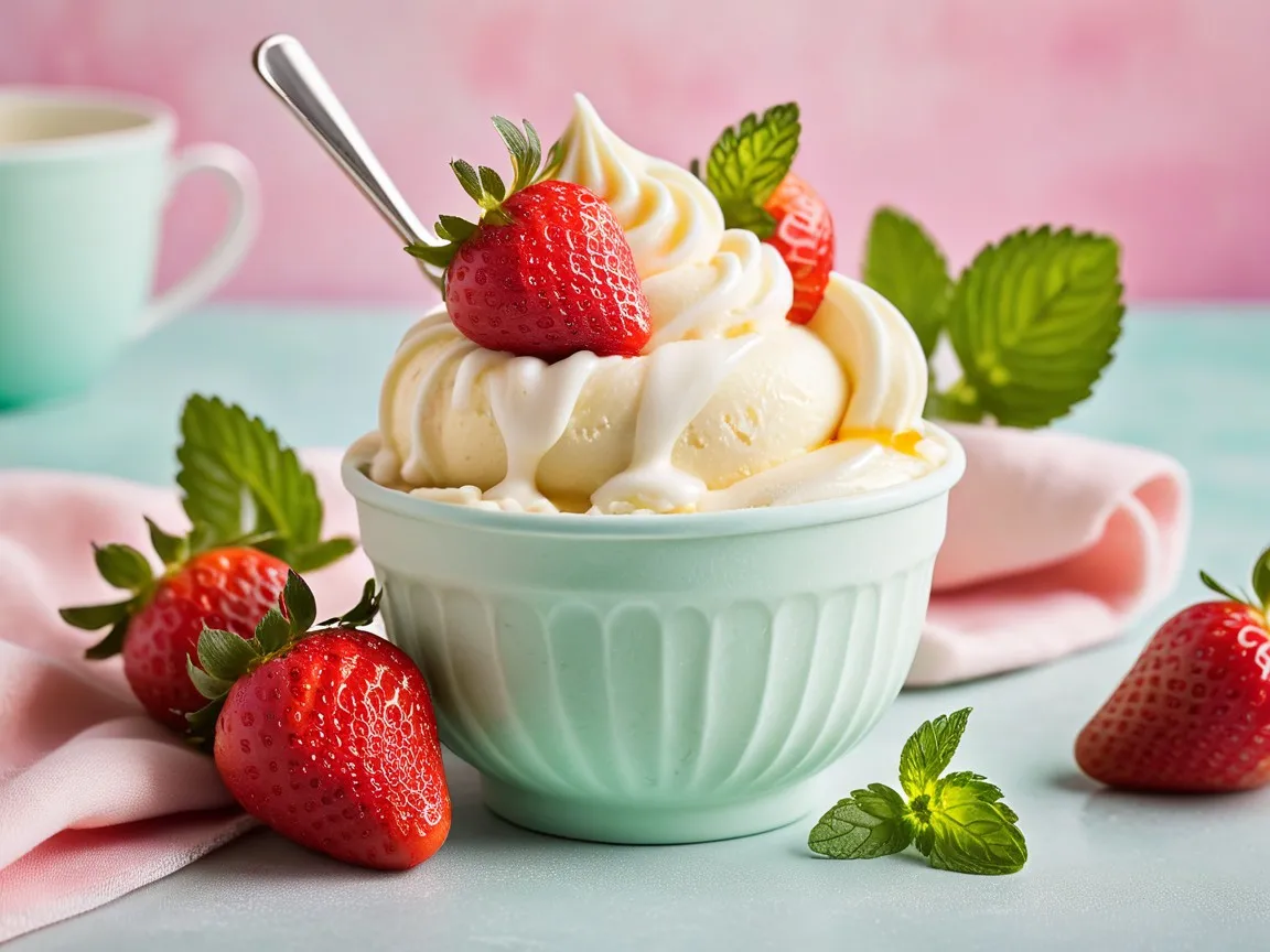 Swirled vanilla frozen yogurt in a pastel cup with strawberries and honey drizzle