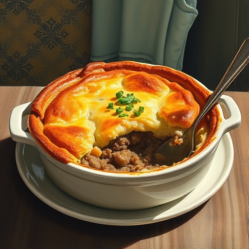 A freshly baked Shepherd’s Pie with golden mashed potato topping in a white casserole dish