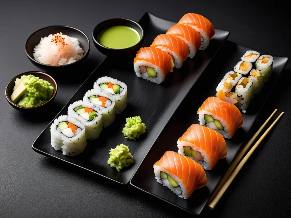 A set of sushi rolls and wasabi served on a sleek black plate