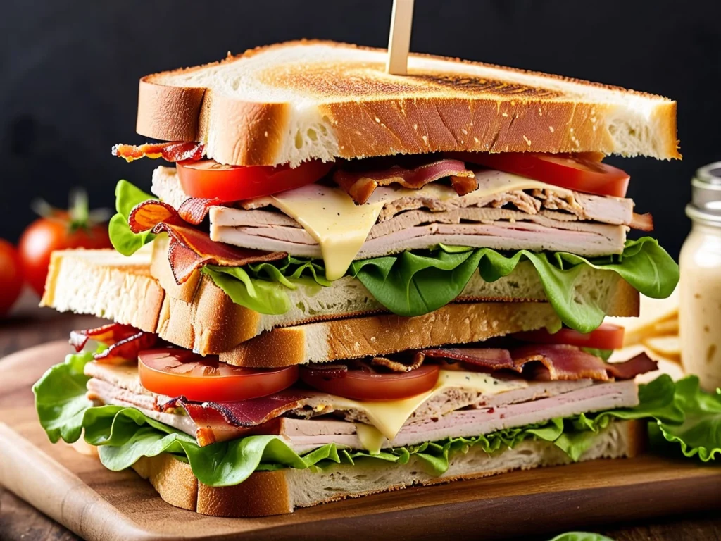 A club sandwich stacked high with turkey, bacon, lettuce, tomato, and mayonnaise