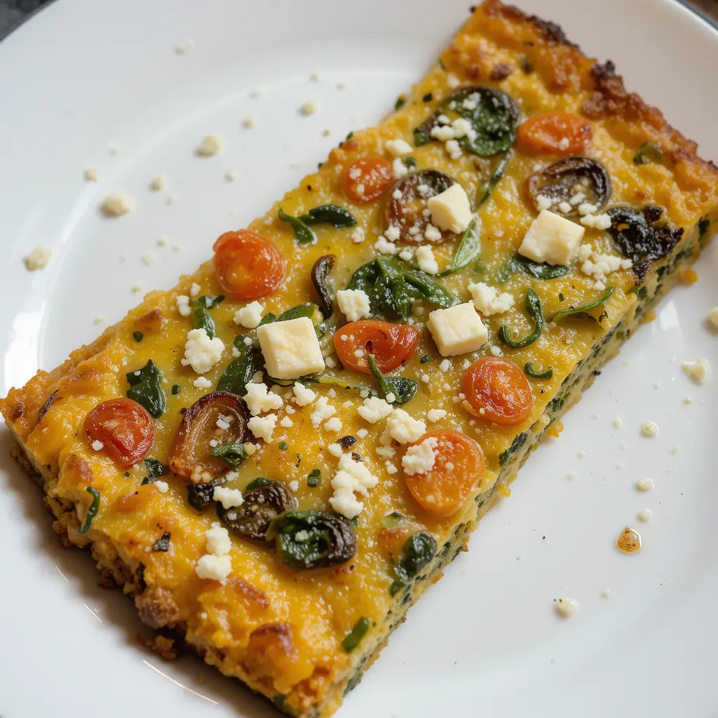 A golden, perfectly cooked frittata with spinach, tomatoes, and feta cheese on a white plate