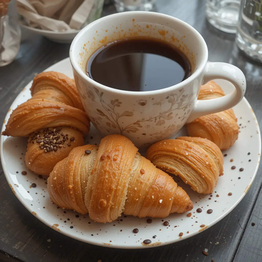 A plate of croissant cookies served with a cup of coffee, ready to be enjoyed