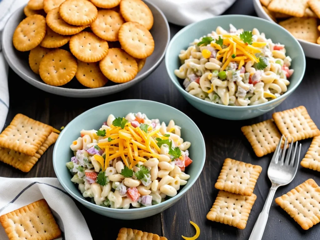 Macaroni salad served in individual bowls with a side of crackers