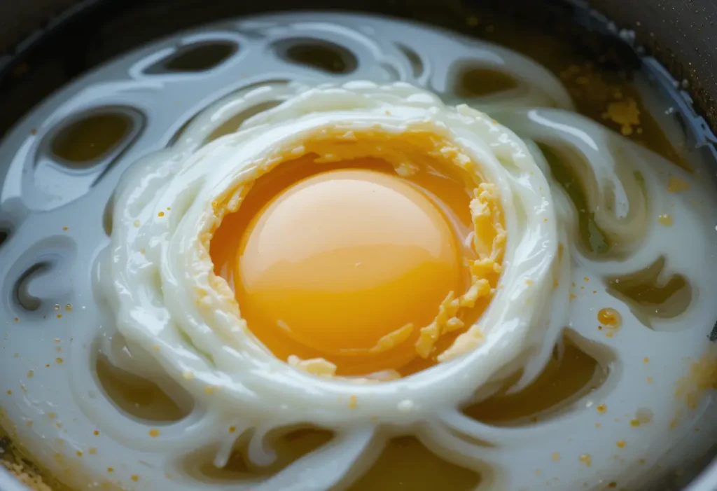 A broken poached egg in a pot of water with wispy egg whites