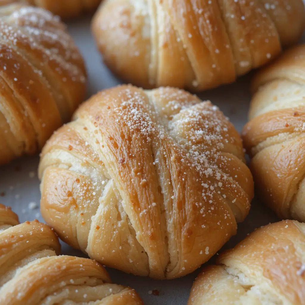 A batch of freshly baked croissant cookies with a golden, flaky exterior and a hint of sweetness