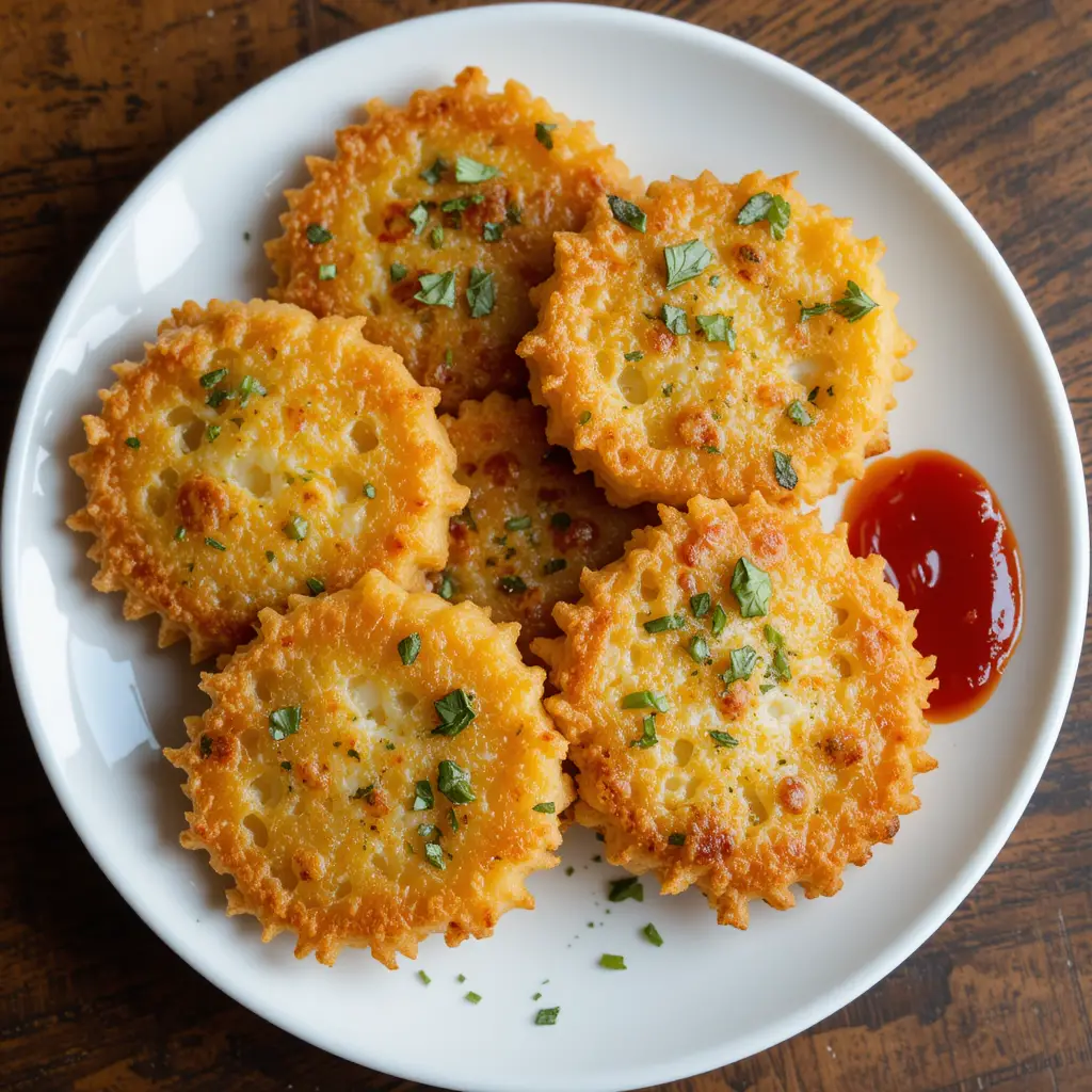 A plate of freshly made hash browns with a garnish of fresh herbs and ketchup on the side