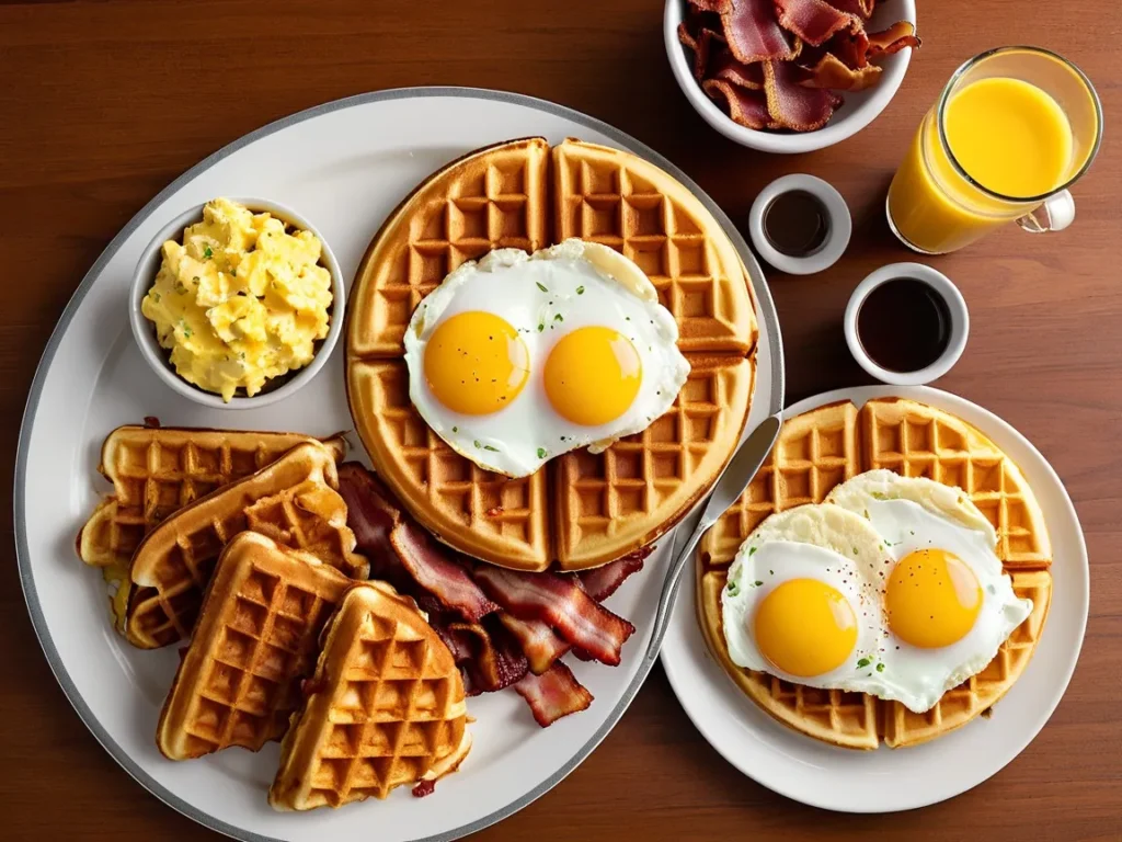 Classic breakfast spread featuring waffles, scrambled eggs, bacon, and hashbrowns at Waffle House