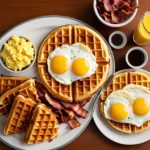 Classic breakfast spread featuring waffles, scrambled eggs, bacon, and hashbrowns at Waffle House