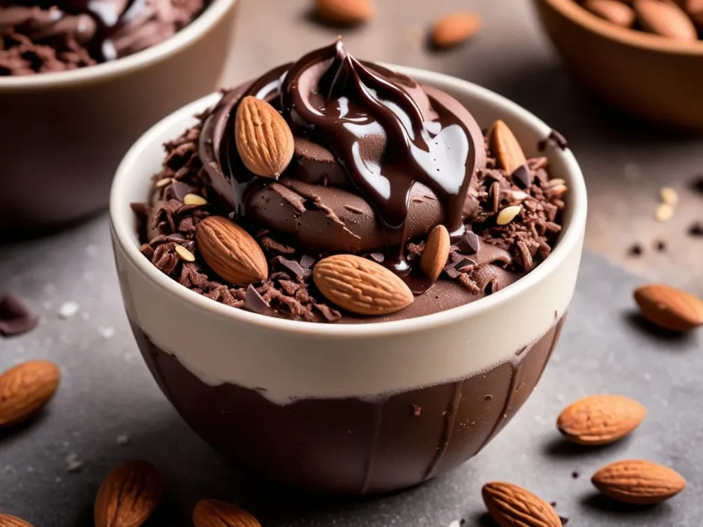 Chocolate frozen yogurt topped with chocolate shavings and almonds