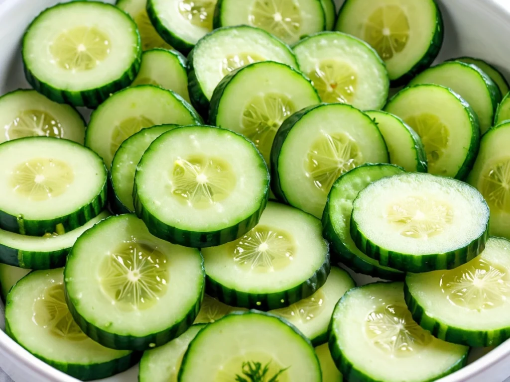 Close-up of cucumber slices mixed with dill and a vinaigrette dressing