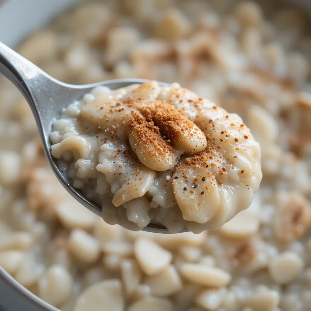 Close-up of a spoonful of porridge with almond butter, chia seeds, and a sprinkle of cinnamon