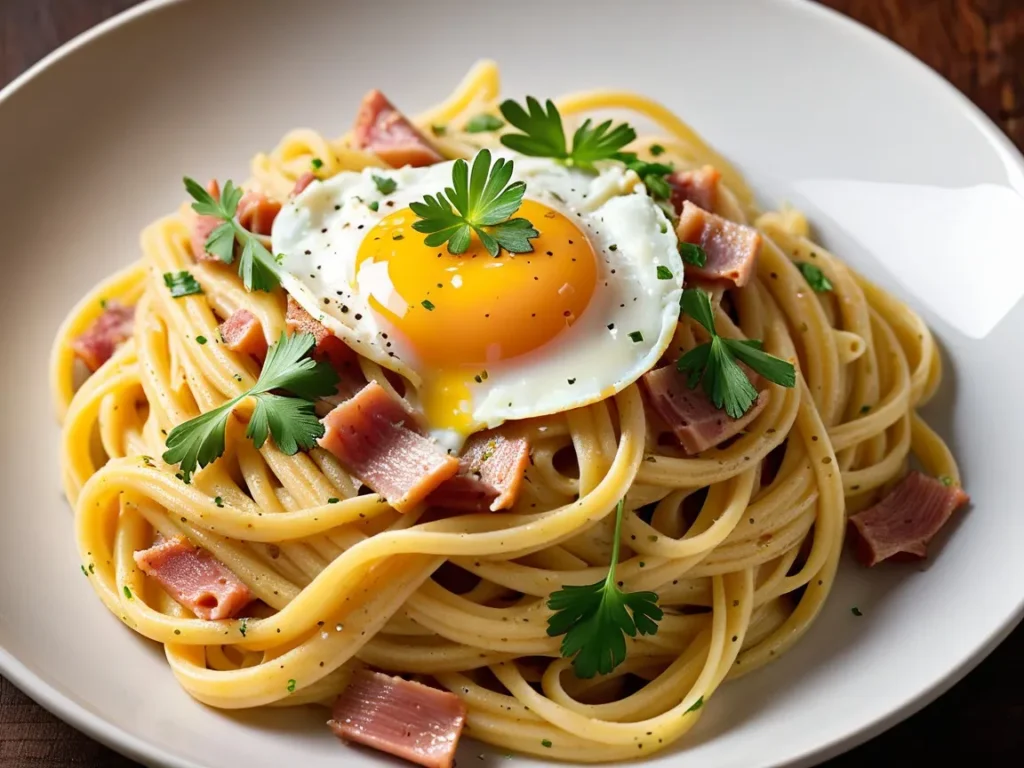 A plate of carbonara pasta with a rich egg-based sauce and a garnish of parmesan and parsley