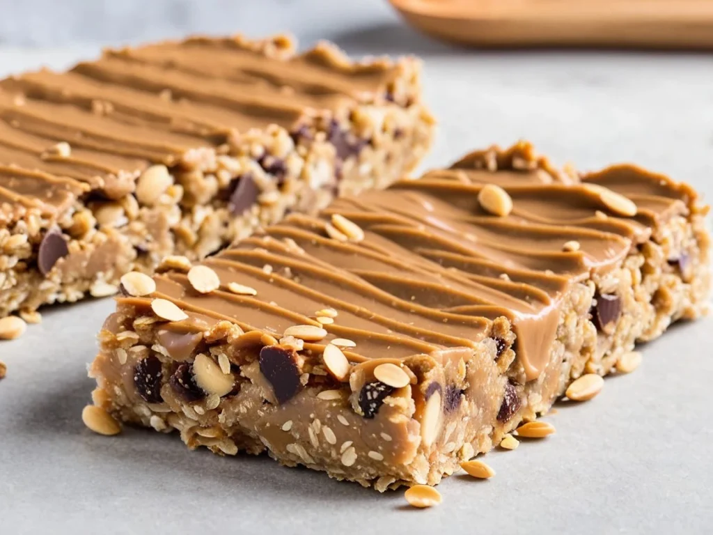 No-bake granola bars made with oats, peanut butter, and chocolate chips on a plate