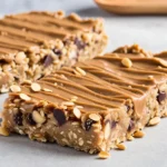 No-bake granola bars made with oats, peanut butter, and chocolate chips on a plate