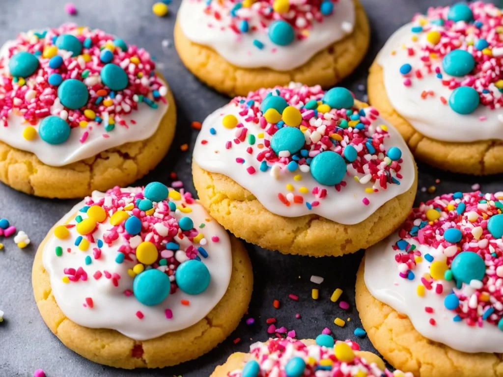 A close-up of Crumbl cookies with vibrant sprinkles and frosting