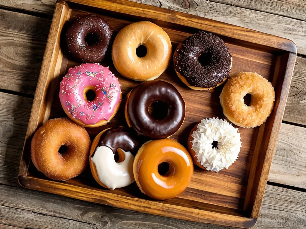 Assorted LaMar’s Donuts on a rustic wooden tray