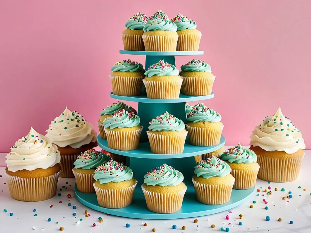 A cupcake tower with sprinkle cupcakes in assorted frosting colors