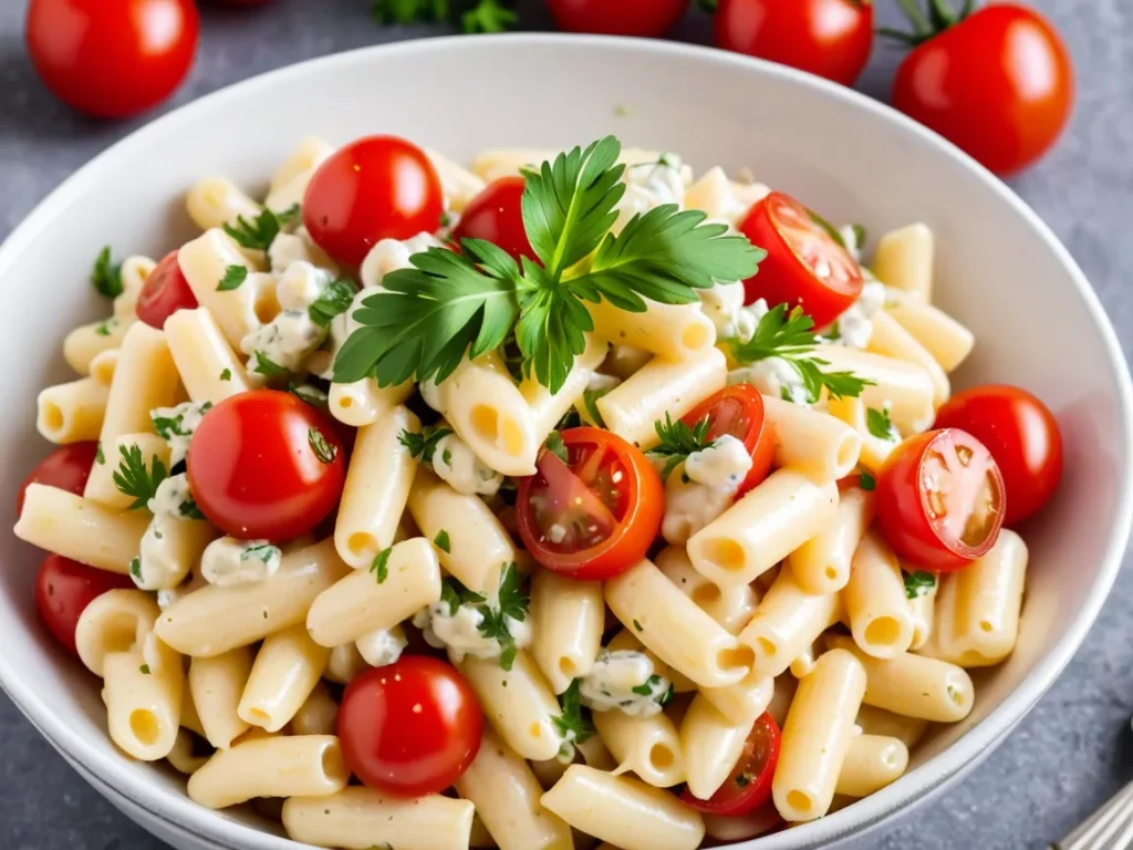 A bowl of creamy macaroni salad garnished with parsley and cherry tomatoes