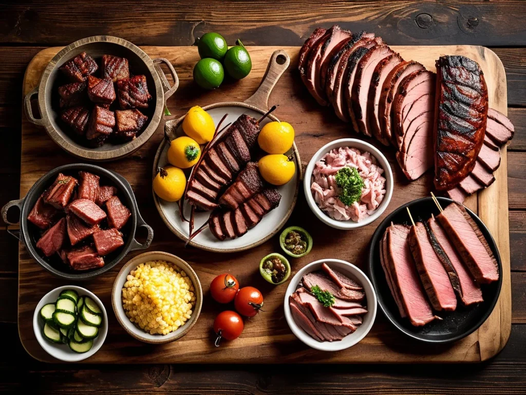 An assortment of Brazilian barbecue meats served on a rustic wooden board