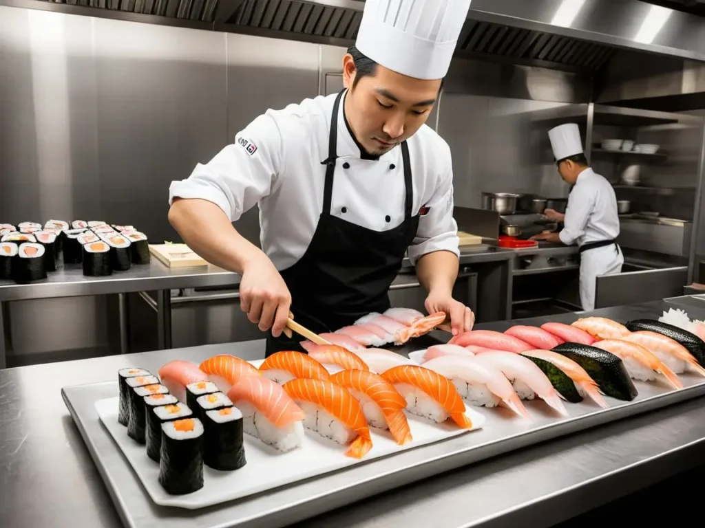 A sushi chef preparing nigiri with fresh fish in a restaurant kitchen