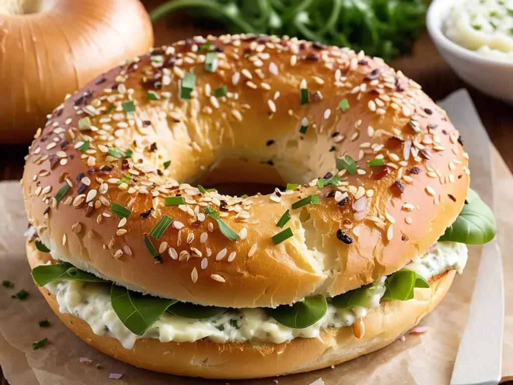 Golden brown savory onion bagel sliced in half with cream cheese spread inside