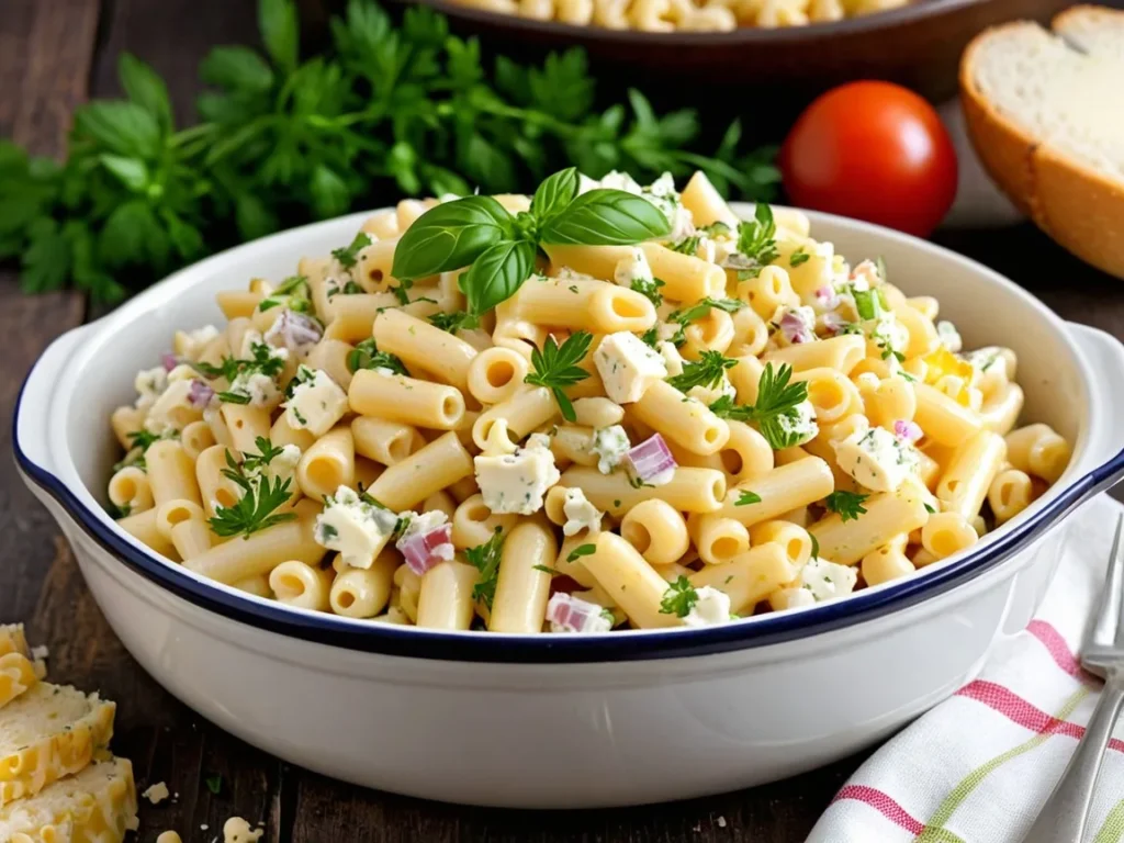 Macaroni salad in a serving dish with a sprinkling of cheese and herbs